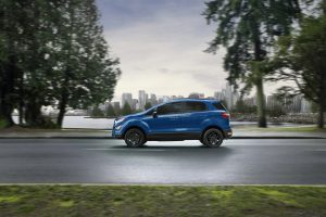 2021 Blue Ford EcoSport Driving Down the Highway